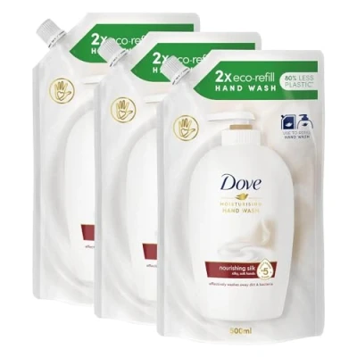 Image of Dove Moisturising Eco Refill for Liquid Hand Wash Nourishing Silk Effective Antibac Cleansing 24H Nourishment and Instantly Soft Skin 500ml, 3 Pack