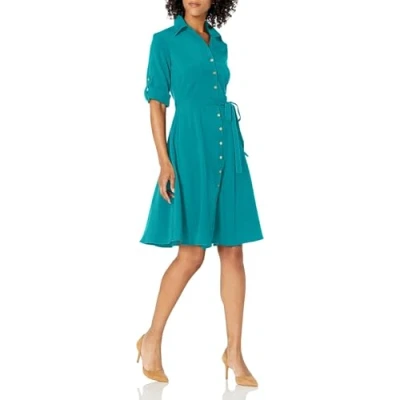 Image of SHARAGANO Women&#039;s Button Front Pleated Shirt Casual Dress, Dark Teal, 18 Plus