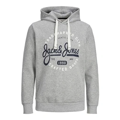 Image of JACK &amp; JONES Men&#039;s Jjmikk Sweat Hooded Sweatshirt, Light grey melange/print: big, S