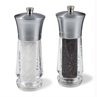 Image of Cole &amp; Mason H321913 Exford Salt and Pepper Mills, Precision+, Brushed Nickel/Acrylic, 160 mm, Gift Set, Includes 2 x Grinders