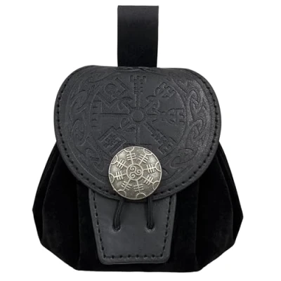 Image of HiiFeuer Medieval Embossed Faux Leather Belt Pouch, Retro Renaissance Portable Bag Coin Purse Dice for LARP Ren Faire(Black A)