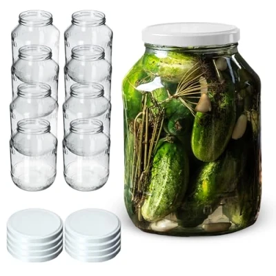 Image of KADAX Glass Jars 2.5 L, Round Preserve Storage with Wide Mouth, Large Preserving for Fermenting, Pickling Cucumbers (Set of 8, White Lids)