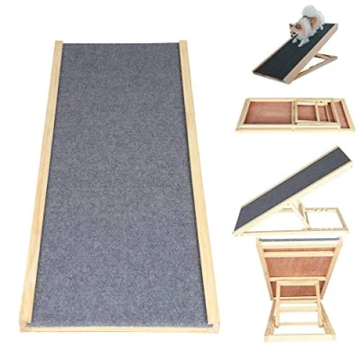 Image of DayPlus Folding Wooden Dog Ramp 100x40cm Stair Pet Cat with 4 Adjustable Heights Non Slip Puppy Collapsible, Indoor/Outdoor Use, Surface, Portable &amp; Easy to Store