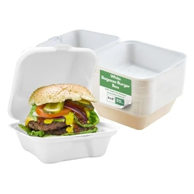 Image of CaterCo Disposable Bagasse Clamshell Food Containers 6 x inch Burger Box 50 Pack, Biodegradable Sugarcane Container, Compostable, Eco Friendly, Takeaway Boxes, Pack (6x6 Inch, 1 Compartment)