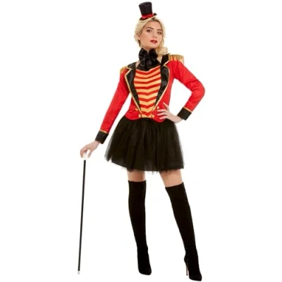 Image of Smiffys Deluxe Ringmaster Lady Costume, Red with Jacket, Mock Shirt, Skirt &amp; Headband, Circus Fancy Dress, Adult Dress Up Costumes