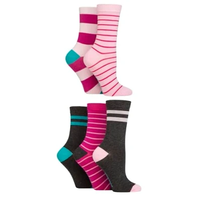 Image of SockShop Ladies Soft Bamboo Socks Womens, Breathable, Cooling, Plain, Patterned &amp; Striped in a 5 Pair Multipack Size 4 8 Stripe Pink