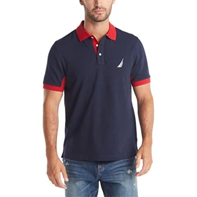 Image of Nautica Men&#039;s Classic Fit Short Sleeve Performance Pique Polo Shirt, Navy, S