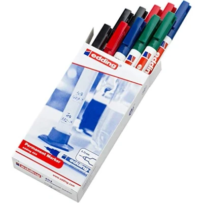 Image of edding 404 permanent marker black, red, blue, green 10 pens fine round nib 0.75 mm waterproof, quick drying, smear proof for cardboard, plastic, wood, metal, glass and fabric