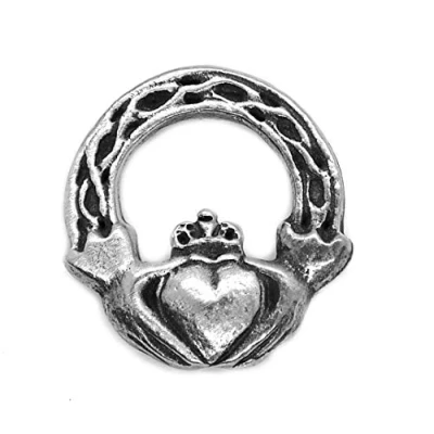 Image of Small Celtic Weave Claddagh Pewter Pin Badge (Heart, Crown &amp; Hands) in Lemon Burlap Gift Pouch