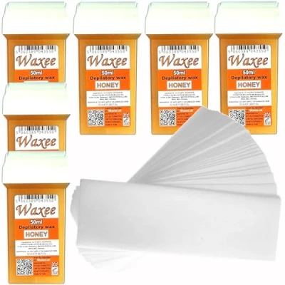 Image of 6x Veet EasyWax compatible refills from UK brand Waxee + 50 waxing strips, 50ml roll on wax, roller cartridges,