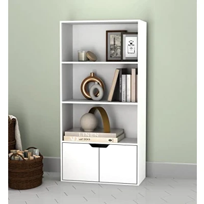 Image of URBNLIVING 4 Tier Wide Wooden Bookcase Cupboard with 2 Doors Storage Shelving Display Shelf Cabinet Unit (White White Doors)