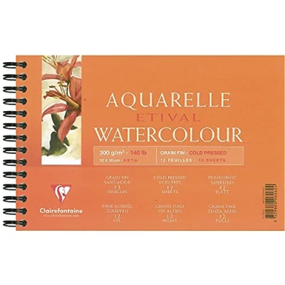 Image of Clairefontaine Ref 96062C Etival Cold Pressed Wirebound Watercolour Painting &amp; Drawing Pad (12 Sheets of Paper) 12 x 18cm 300gsm Cellulose Art Paper
