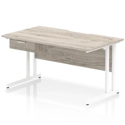 Image of Impulse 1400 x 800mm Scalloped Edge Office Desk Grey Oak Top White Cantilever Leg Workstation 1 Drawer Fixed Pedestal