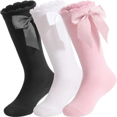 Image of DRESHOW Baby Girl Knee High Socks Toddler Dress Bow Stocking Cotton Infant