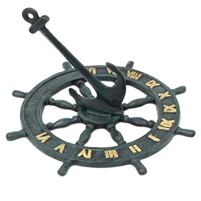 Image of Carousel Home Gifts Nautical Cast Iron Garden Sundial Metal Outdoor Ship Wheel Anchor Ornament 23cm