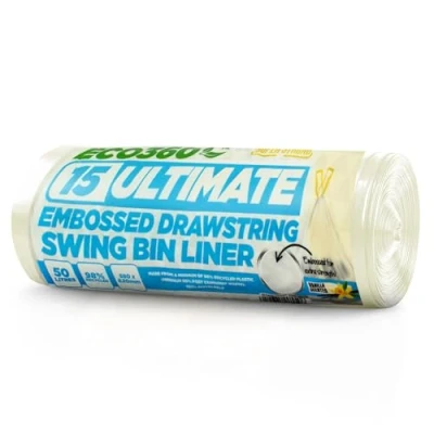 Image of EcoBag 15 Pack Vanilla Scented Ultimate Embossed Kitchen Drawstring Pedal Bin Liners 50L 16 Microns 98% Recycled, Eco Friendly, Hassle Free Waste Disposal (580 x 820mm)