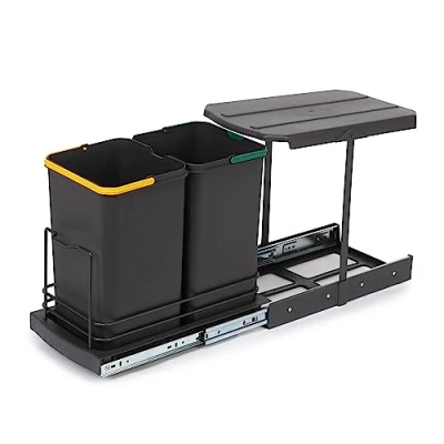 Image of Emuca Recyclable kitchen waste bin, 2 x 12 L, floor standing and manual/automatic removal, anthracite grey plastic, 1 pc.