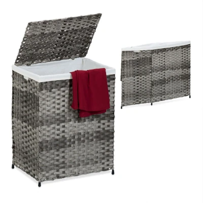 Image of Relaxdays Laundry Basket with Lid, Rattan Effect, 90L Sack, HWD: 60 x 46 34 cm, Woven Washing Storage Bin, Grey/Beige