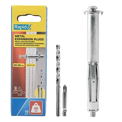Image of Rapid Hollow Wall Anchors, Pack of 10 Heavy Duty Metal Plasterboard Fixings for 32 45 mm Thickness, 40 kg Load, Cavity Fixings, Plugs, &amp; Chipboard Plugs (5001552)