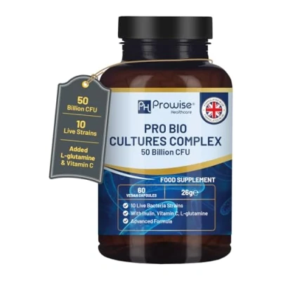 Image of Bio Cultures Complex Probiotics and Prebiotics 50 Billion CFU 10 Live Bacteria Strains Added with Inulin, L Glutamine &amp; Vitamin C 60 Capsules Advanced Probiotic for Women Men by Prowise