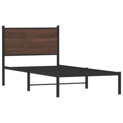 Image of vidaXL Metal Bed Frame with Headboard Brown Oak 75x190 cm Small Single Robust Steel &amp; Engineered Wood Extra Storage Space