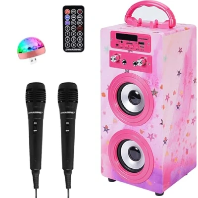 Image of DYNASONIC Karaoke Machine with 2 Microphones, Portable Bluetooth Speaker Lights, USB and SD Reader, Gift for Children Ages 5 13 (Model 15 lights)