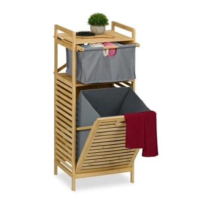 Image of Relaxdays Laundry Basket, Washing Hamper, 30 litres, Shelf &amp; Drawer, Bamboo, Fabric, HWD: 95x40x33 cm, Natural/Grey, Polyester