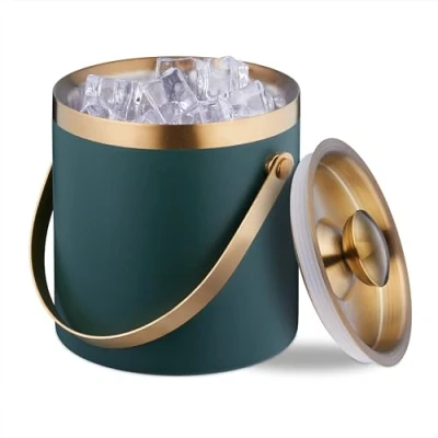 Image of Relaxdays Ice Cube Bucket, Stainless Steel, Double Walled, with Lid &amp; Handle, 1.5 Litre, Wine, Bottle Cooler Green/Gold, 17 x 16 cm