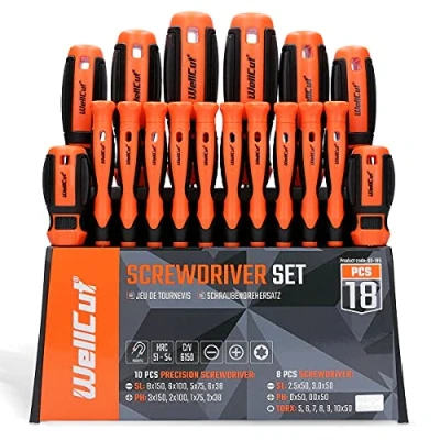 Image of WELLCUT 18 Pieces Magnetic Screwdriver Set with Soft Grip Handle Phillips Slotted Tool Bit