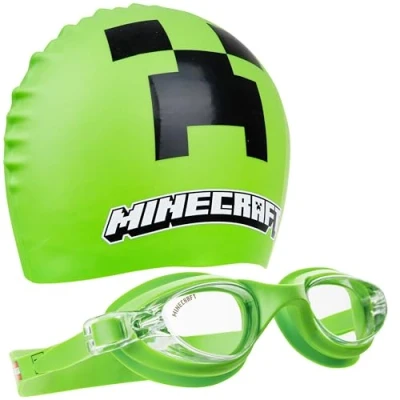 Image of Get Trend Minecraft Swimming Goggles Cap for Kids Teenagers Anti Fog UV Protection Adjustable Strap Swim Accessories Set Pool Beach Holiday (Green, 6 14 Years)
