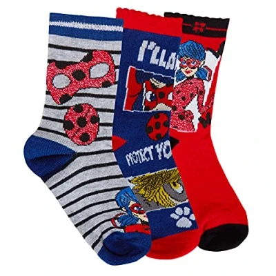 Image of Miraculous Girls Ladybug 3 Pack Socks Character Multipack Ankle Size (Pack of 3) Grey/Navy/Red 6 8.5 UK Child