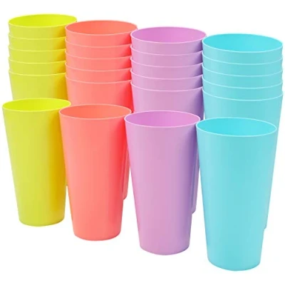 Image of BELLE VOUS 24 Pack Coloured Plastic Cups 600ml/20 fl oz Reusable Drinking Tumblers in 4 Colours Hard Drinkware for Parties, Camping, BBQs, Picnics &amp; Beach Dishwasher Safe BPA Free