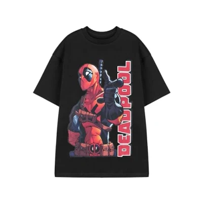 Image of Marvel Deadpool Mens Black Short Sleeve Graphic Tee Point Print T Shirt Comics Top Logo for Men Comic Book Superhero Apparel Gift Fans