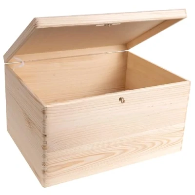 Image of Creative Deco XXL Large Plain Wooden Storage Box 40 x 30 24 cm (+/ 1 cm) with Lock, Hinged Lid &amp; Key Unpainted Gift Christmas Xmas ROUGH UNSANDED Wood Keepsake Memory Craft Chest