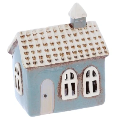 Image of Shudehill Giftware Village Pottery Ceramic Tealight Holder Tile and Brick Pastel House Collection (Grey)