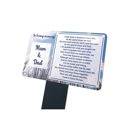 Image of Mum &amp; Dad Memorial Plaque Stake. Beautiful, eye catching, waterproof grave marker printed with a background image and remembrance poem. Shipped Globally. (Long Poem)