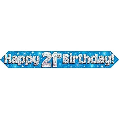Image of 9ft Banner Happy 21st Birthday Blue Holographic