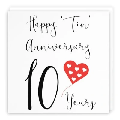 Image of Hunts England 10th Wedding Anniversary Card Happy Tin 10 Years Red Heart Collection For Couple, Husband, Wife, Friends