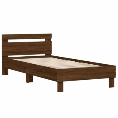 Image of vidaXL Brown Oak Bed Frame with Headboard Engineered Wood, Plywood Slats, 203x104x70cm, Fits 100x200cm Mattress