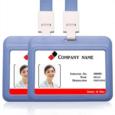 Image of 2PCS Horizontal ID Card Badge Holder with Lanyard Neck Strap Name Tag Student Work (Gray Blue)
