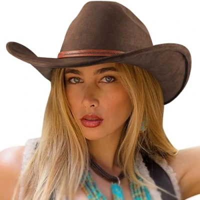 Image of DRESHOW Cowboy Hat for Women and Men Cattleman Western Cowgirl Hats Outdoor Wide Brim with Belt Buckle Unisex Rolled up Caps