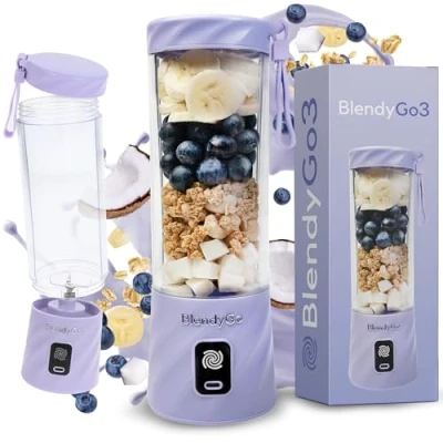 Image of BlendyGo 3 Portable Blender, Smoothie Maker, Small Powerful Cordless Mini USB Maker to Go, Stand BPA Free, PulseMotion &amp; BlendPro Technology, 550 ml (Lavender)