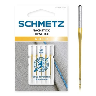 Image of SCHMETZ Sewing Machine Needles 5 Gold Poststitch (Gold Topstitch Needles) 130/705 H NT Needle Thickness 90/14 Can be Used on All Standard Household Machines and
