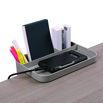 Image of Deflecto Space Saving Large Desktop Storage Organiser, Standing Desk Stationery Holder Attachment, Drawer Organiser with Tray, Tidy, Pen Grey