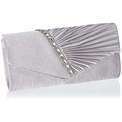 Image of Damara WoMen&#039;s Pleated Crystal Studded Satin Handbag Evening Clutch,Silver, L