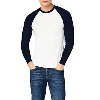 Image of Fruit of the Loom Men&#039;s Baseball Classic Long Sleeve T Shirt, White/Navy, X Large