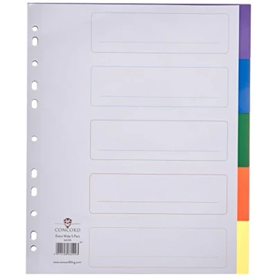 Image of Concord Punched Pocket Dividers Plastic Multicolour tabbed 5 Part Extra Wide A4 White Ref 66099