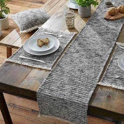 Image of Pineapple Elephant Textured Frayed Edge Cotton Table Runner Black