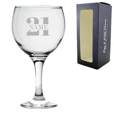 Image of Personalised Engraved Gin Balloon Cocktail Glass with Name in 21 Design, Personalise Any Name, Gift Box Included, Laser Engraved, 21st Birthday
