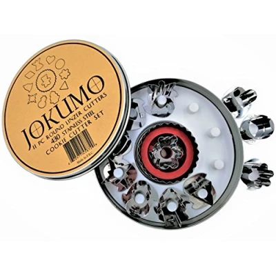 Image of JOKUMO 11 Piece Round Linzer Cookie Cutter Set High Grade 430 Stainless Steel with Storage Tin
